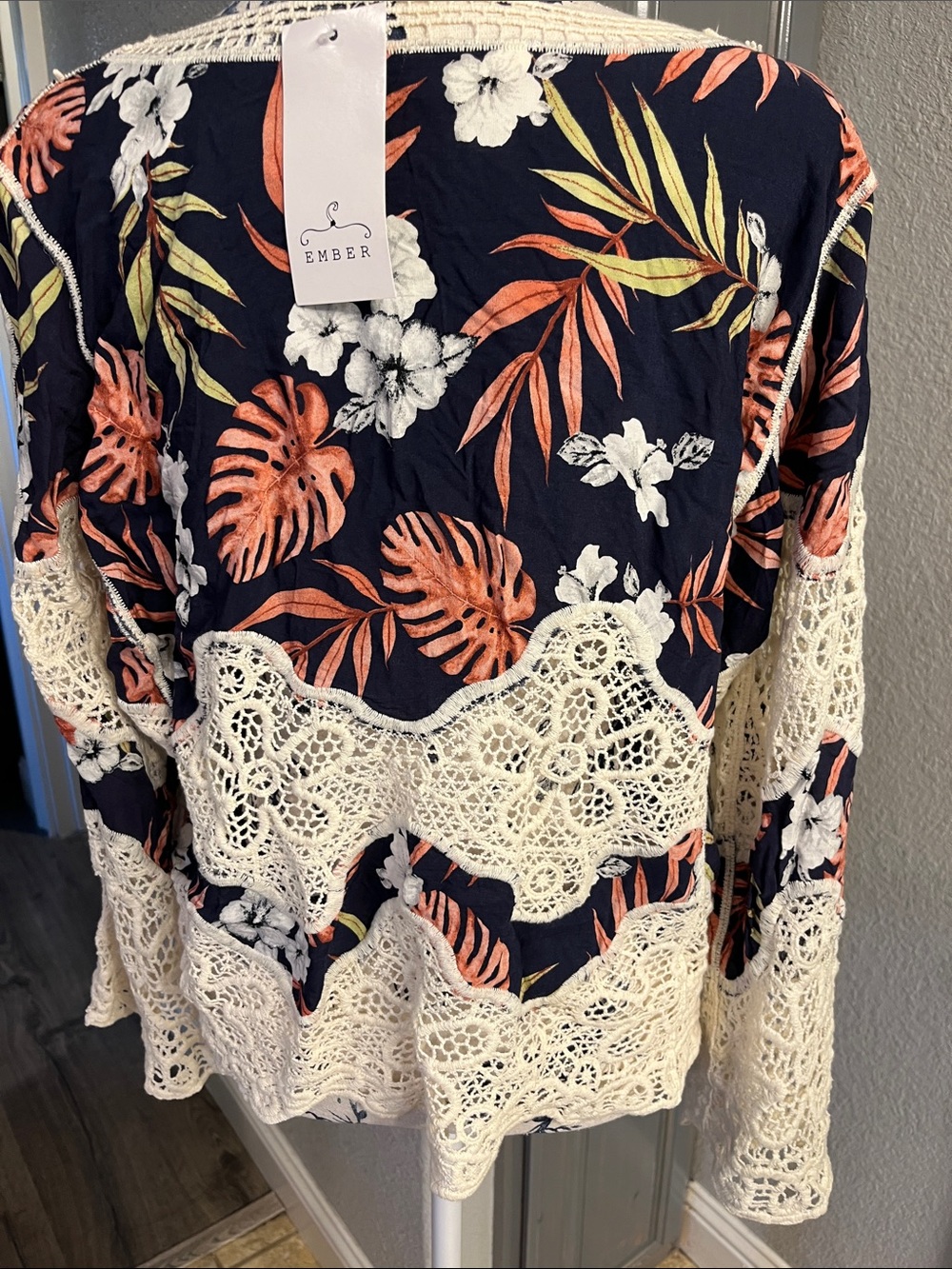 Crochet-Trim Open Front Cardigan Jacket - Navy, Cream & Coral - Picture 3 of 8
